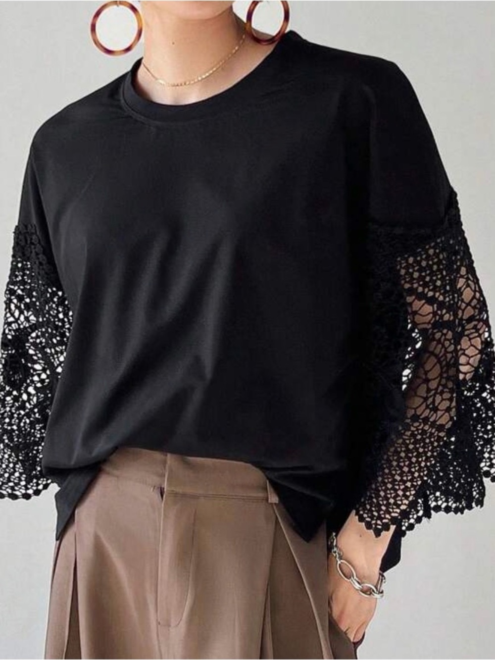 Black Crochet Bell-Sleeve Long Sleeve Shirt